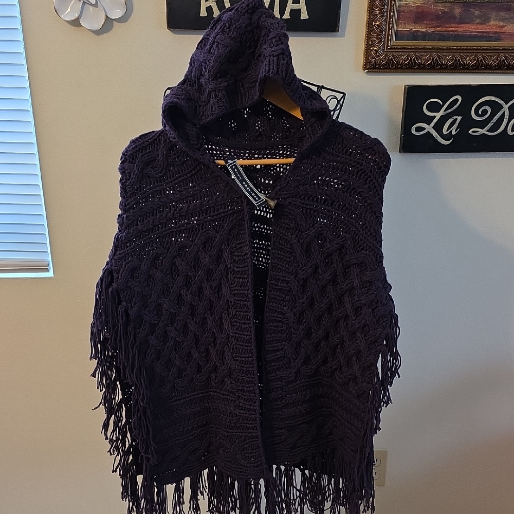 Purple Hooded Knit Poncho with Fringe & Hood One Size Womens (Joni # 7)